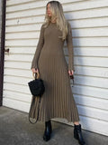 Women Casual O-neck Knitted Long Dress Autumn Elegant Ribbed Long Sleeve Bodycon Dresses Ladies Pleated A-line Maxi Dress Robes