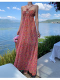 Wjczt Summer Sexy Spaghetti Strap Halter Beach Dress New Boho Maxi Backless Flower Print Red Chiffon Vestidos One Piece Long Robe