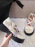 Wjczt Lolita Sweet Sandals Women Japanese Style Bow Lace Kawaii Mary Janes Shoes Buckle Design Round Toe Casual platform Shoes 2022