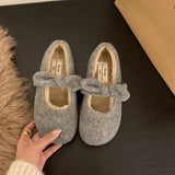 Wjczt Warm Fleece Women Loafer Shoes Outdoor Comfort Soft Sole Flats Concise Slip On Female Butterfly-knot Shoes