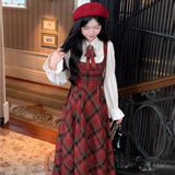 Wjczt French Vintage Two-piece Dress Set Women Flare Sleeve Shirt Red Plaid Strap Dress A-line Autumn Winter New Christmas Party Dress