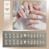 Wjczt 24P Nail Art Fake Nails Japanese Ballerina Press on Nails Set Diamond Streamer Flash Fly Butterfly Seamless Removable False Nail