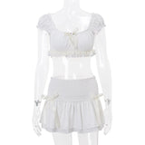 Wjczt Summer Ruched Ruffle Crop Top 2 Piece Sets For Women 2024 New Matching Sets Sexy Puff Sleeve Top and Mini Skirt Y2K Outfits