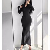 Wjczt Autumn New Solid Bodycon Midi Dresses for Women Long Sleeve Zipper Design Slim Mermaid Dress Casual Party Bandage Dress Vestidos