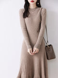 Wjczt Autumn New 100% Wool Knit Dress Women's O-Neck Long Over The Knee Sweater Fashion Slim Fish Tail Skirts Knitted Pullover Skirt