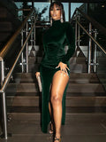 Wjczt Autumn Winter Women Solid Velvet Long Sleeve Ruched Midi Dress Side Slit Bodycon Sexy Streetwear Party Elegant Club