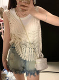 Wjczt Korean Strap Tank Top Women Bohemian Hollow Out Knit Top Loose White Crop Top