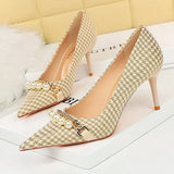 Wjczt Shoes Spring Women Pumps Pearl Metal Chain High-heels Checked Grain Stilettos Women Heels Luxury Banquet Shoes 43