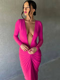 Wjczt Deep V Neck Ruched Maxi Dress Women Gown Autumn New Long Sleeve Backless Bodycon Sexy Party Evening Dress Vestidos