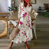 Wjczt Boho Loosen V Neck Tassel Long Dress 2023 Spring Floral Print Pleated Party Maxi Dress Women Embroidery Lace Sleeve Summer Dress