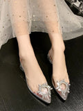 Wjczt Spring Summer Fashion New Sexy Sliver Flat Shoes Female Banquet Transparent Comfortable Crystal Women's High Heels Shoes 2024