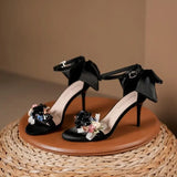 Wjczt 2024 Summer Fashion Women Pumps Open Toe Satin Flower Bow Buckle High Heel Sandals Dress Wedding Shoes