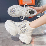 Wjczt Women Platform Luxury Outdoor Shoes Shine Rhinestone Decoration Sneakers Lace Up Walking Sports High Quality Casual Shoes Female