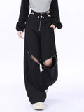 Wjczt Y2K Black Cargo Pants Women Baggy Punk Style Zipper Trouser Hip Hop Gyaru Streetwear High Waist Pant Techwear Hollow Out