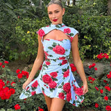 Wjczt Summer Floral Print Short Sleeve Sexy Mini Bodycon Dresses For Women Evening Party Club Elegant Blue Dress Vestidos