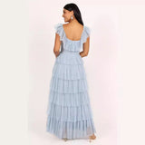 Wjczt 2024 New Women's Blue Tulle Ruffled U-neck Party Sexy Dress Long Dress Princess Style Birthday Dress Backless Tiered Gown