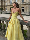 Wjczt Women Elegant Yellow Pleated Evening Gowns Sleeveless Deep V Neck Off Shoulder Backless Long Dresses 2024 Lady Sexy Party Robes