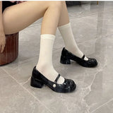 Wjczt Shoes for Woman 2025 Square Heels Women's Summer Footwear with Medium Mary Jane Black Japanese Style Lolita Gothic Pearl Korean