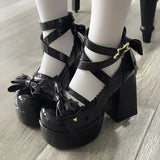 Wjczt New Women Mary Janes High Heels Shoes Chunky Sandals Summer Fashion Retro Bow Lolita Shoes Party Platform Pumps