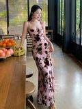 Wjczt Romantic Pink Flower Print Slip Sleeveless Backless Slim Sexy Club Maxi Dress 2023 Summer Women Elegant Party Sumdress Robe Boho