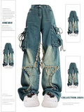 Wjczt Women Blue Cargo Jeans Baggy Vintage 90s Aesthetic High Waist Cowboy Pants Harajuku Denim Trousers Y2k Trashy 2000s Clothes 2024