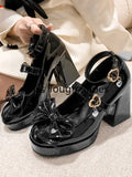 Wjczt Women Pumps Mary Jane Lolita Shoes Gothic Chunky High Heel Platform Shoes Female Tied Cosplay Harajuku Black Shoes Bows Heart