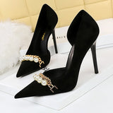 Wjczt Shoes Spring Women Pumps Pearl Metal Chain High-heels Checked Grain Stilettos Women Heels Luxury Banquet Shoes 43