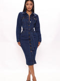 Wjczt Vintage Denim Dresses for Women Autumn Clothes Long Sleeve Button Up Bodycon Jean Dress Streetwear Elegant Midi Dress Robe Femme