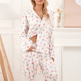 Wjczt Women Sleepwear Loungewear Loose 2 Pieces Print Sweet Long Sleeve Lapel Neck Shirt Tops and Elastic Waist Pants Pajamas Set