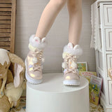 Wjczt Winter Kawaii Girl Sweet Lolita Boots Vintage Round Head Plush Cashmere Warm Women Shoes Cute Bowknot Snow Boots