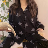 Wjczt Korean Pajamas Women's Spring and Summer New Long-sleeved Black Star Full Print Loungewear Set Pijamas Women Lingerie Sleepwear