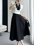 Wjczt French Elegant Two Piece Sets Vintage Office Lady Puff Sleeve White Crop Top + A Line Black Midi Skirts Suit Retro Summer Outfit