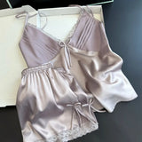 Wjczt PLUS SIZE Suspender Pajamas Set Sleepwear Sexy Lace Bow Cami Shorts Pijamas Suit Lingerie Summer New Female Silky Satin Homewear