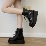 Wjczt Punk Black Chunky Platform Ankle Boots Women Winter Pu Leather Gothic Lolita Shoes Woman Metal Chain Thick Sole Y2K Boots