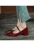 Wjczt New Women Red Black Mary Janes Shoes Lady High Quality Leather Low Heel Dress Shoes Square Toe Shallow Buckle Strap Shoes Female