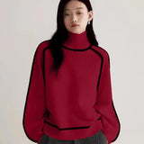 Wjczt 2024 Autumn/Winter New Loose Fit Turtleneck Pullover Sweater for Women, Striped Academy Style, Korean and Japanese Fashion