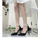 Wjczt Black High Heels 2024 New Pumps Stiletto Pointed Toe Pearl Anklets High-end Shoes Fashionable Comfortable Women's Shoes