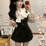 Wjczt Autumn Korean Retro Sweet 3 Piece Set Women White Shirt + Strap Vest + Pleated Skirt Design College Style Fashion Y2k Suit 2024