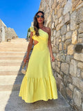 Wjczt One Shoulder Ruffle Dress Hollow Out Bodycon  Women Sleeveless A-line Yellow Long Dress Fashion Beach Style Female Robe Summer