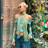 Wjczt Spring Autumn Outfits Outfitsumn Floral Print Off Shoulder Sexy Crop Tops Y2k Long Sleeve T Shirt Fashion Women Outfits Blue Slim Tees Streetwear