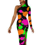 Wjczt Neon Paint Long Dress Women Graffiti Splatter Print Party Maxi Dress Summer Long Sleeve Sexy Bodycon Dresses Side Split Clothes