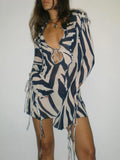 Wjczt Print Long Sleeve Mini Dress Ruffles Mesh Sexy Summer Beach Party Dresses Bodycon Tie Up See Through 90s Club