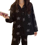 Wjczt Korean Pajamas Women's Spring and Summer New Long-sleeved Black Star Full Print Loungewear Set Pijamas Women Lingerie Sleepwear