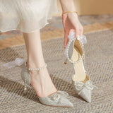 Wjczt Women High Heeled Sandals Summer Fashion Bow Pearl Woman Pointed Toe Pumps Elegant Woman Sandals Party Lady Shoes