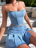 Wjczt Sexy Denim Skirt Sets Women Strapless Crop Tops And Mini Skirt Ladies Fashion Club Party Pleated Skirt Two Piece Set