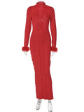 Wjczt autumn winter new red feather sleeve midi dresss for women gown fashion turtleneck backless sexy party long dress