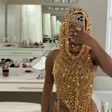 Wjczt Gold Sequin 2 Piece Knit Set Women Hooded Top and Shorts Trashy Y2k Streetwear Sexy Summer Rave Outfits Sets Two Piece Set