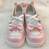 Wjczt Sweet Girls Lolita Sweet Bowknots Platform Shoes,Students Kawaii Small Bell Heart Shaped Straps Flat Elevator Mary Janes