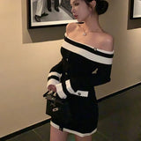 Wjczt Elegant Slash Neck Knitted Dress Women Long Sleeve Bodycon Mini Dresses Korean Fashion Autumn Winter New Slim Casual Vestidos