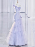 Wjczt Purple Sequin Mermaid Bride Formal Evening Party Dress 3D Floar Shoulder Tulle Princess Birthday Gown for Wedding Guest